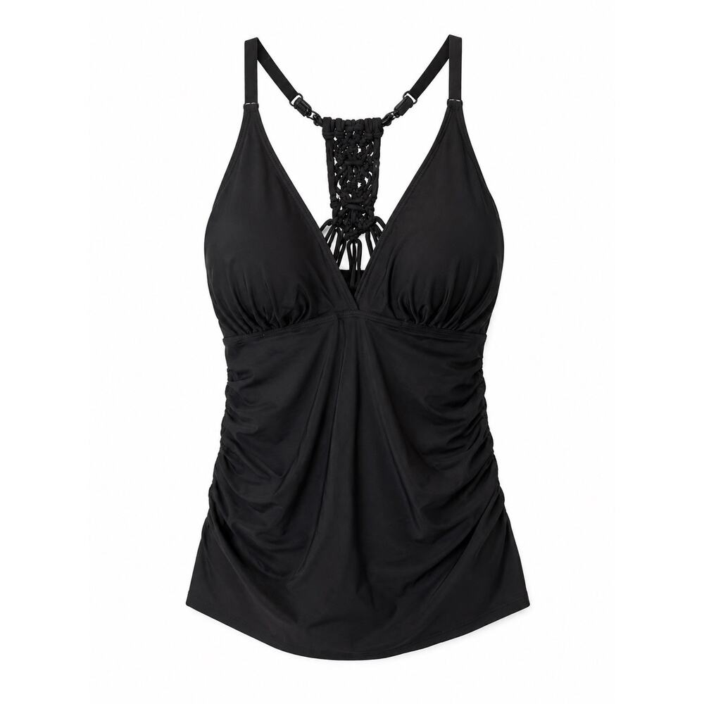 Women’s Black Tankini Swim Top Size Large Ruched V-Neck Macrame Back Swimwear